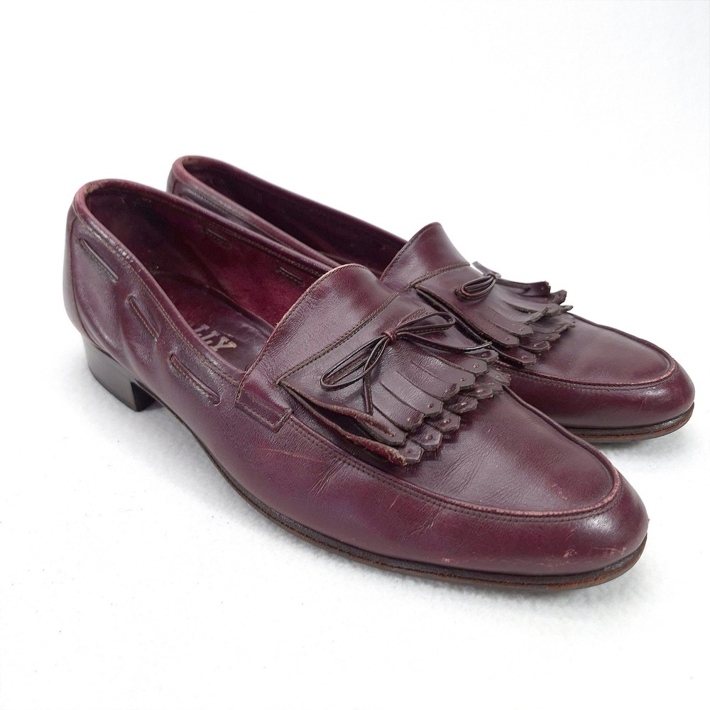 Bally Burgundy Leather Kiltie Loafers Womens Size 8.5 Slip-On Dress Shoes